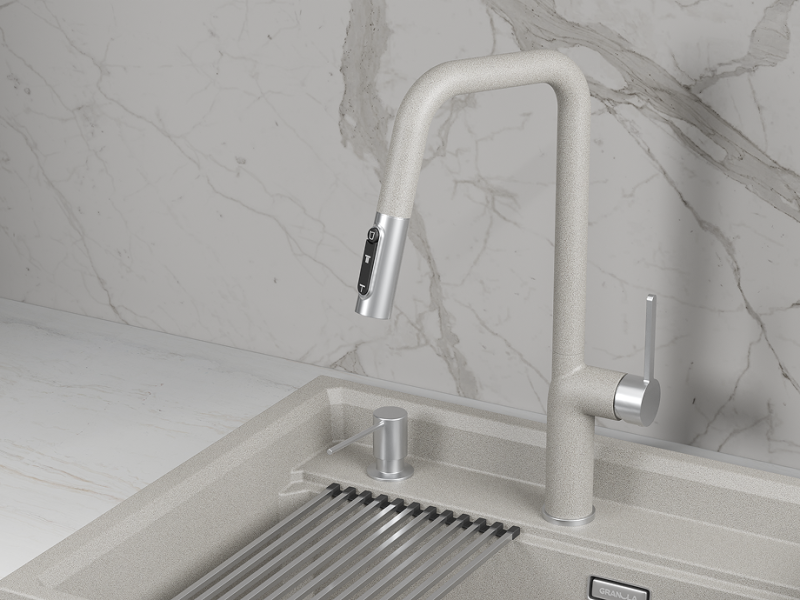 Кухонный смеситель GRANULA с выдвижным изливом с переключением на душ и подключением к  фильтру GR-9011, БАЗАЛЬТ