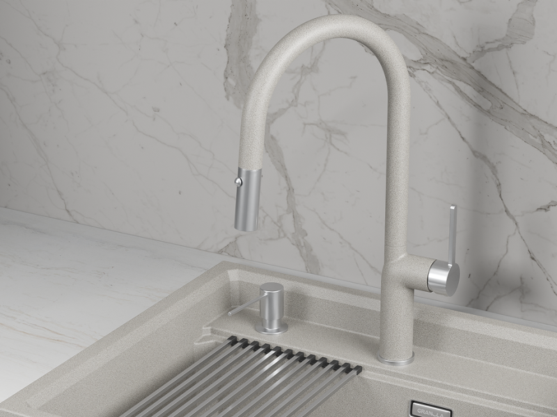 Кухонный смеситель GRANULA с выдвижным изливом и переключением на душ GR-9010, БАЗАЛЬТ