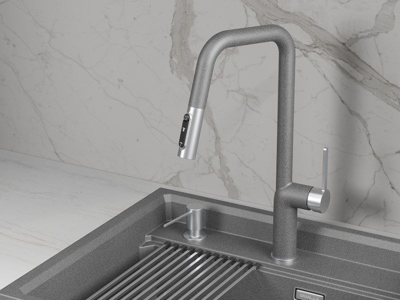 Кухонный смеситель GRANULA с выдвижным изливом с переключением на душ и подключением к  фильтру GR-9011, ГРАФИТ (ЧЁРНО-СЕРЫЙ)
