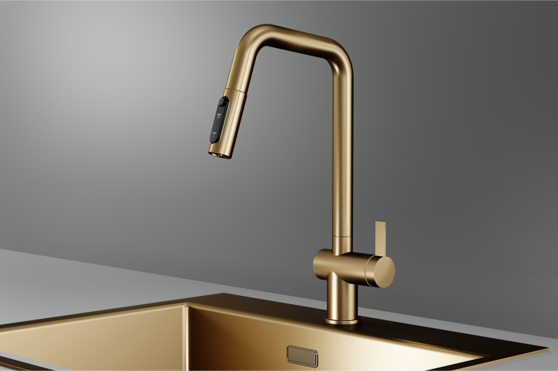 Кухонный смеситель GRANULA с выдвижным изливом с переключением на душ и подключением к фильтру KS-7273, ЗОЛОТО САТИН