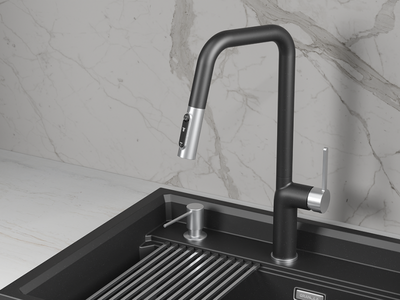 Кухонный смеситель GRANULA с выдвижным изливом с переключением на душ и подключением к  фильтру GR-9011, ШВАРЦ