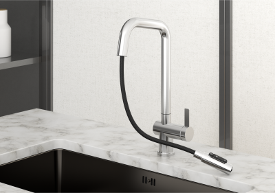 Кухонный смеситель GRANULA с выдвижным изливом с переключением на душ и подключением к фильтру KS-7273, СТАЛЬ САТИН