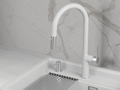 Кухонный смеситель GRANULA с выдвижным изливом и переключением на душ GR-9010, АРКТИК (БЕЛЫЙ)