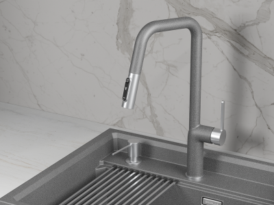 Кухонный смеситель GRANULA с выдвижным изливом с переключением на душ и подключением к  фильтру GR-9011, ГРАФИТ (ЧЁРНО-СЕРЫЙ)