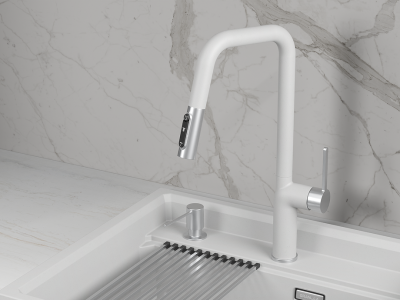 Кухонный смеситель GRANULA с выдвижным изливом с переключением на душ и подключением к  фильтру GR-9011, АРКТИК (БЕЛЫЙ)