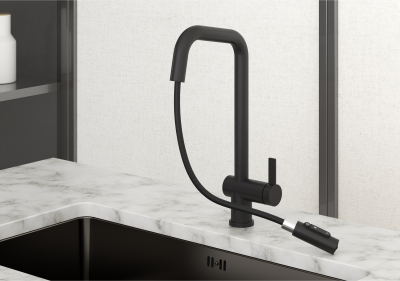 Кухонный смеситель GRANULA  с выдвижным изливом с переключением на душ и подключением к  фильтру  KS-7273, ЧЕРНЫЙ МАТОВЫЙ