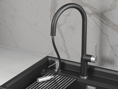Кухонный смеситель GRANULA с выдвижным изливом и переключением на душ GR-9010, ШВАРЦ
