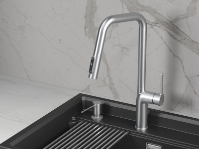 Кухонный смеситель GRANULA с выдвижным изливом с переключением на душ и подключением к  фильтру GR-9011, НЕРЖ