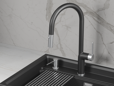 Кухонный смеситель GRANULA с выдвижным изливом и переключением на душ GR-9010, ШВАРЦ