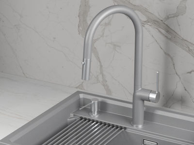 Кухонный смеситель GRANULA с выдвижным изливом и переключением на душ GR-9010, АЛЮМИНИУМ
