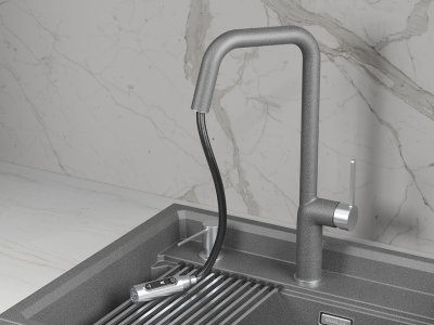 Кухонный смеситель GRANULA с выдвижным изливом с переключением на душ и подключением к  фильтру GR-9011, ГРАФИТ (ЧЁРНО-СЕРЫЙ)