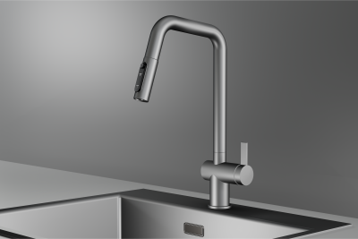 Кухонный смеситель GRANULA с выдвижным изливом с переключением на душ и подключением к фильтру KS-7273, СТАЛЬ МАТОВАЯ