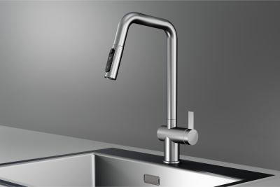 Кухонный смеситель GRANULA с выдвижным изливом с переключением на душ и подключением к фильтру KS-7273, СТАЛЬ САТИН