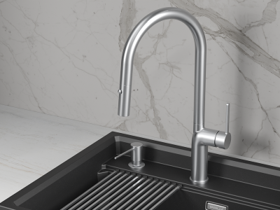 Кухонный смеситель GRANULA с выдвижным изливом и переключением на душ GR-9010, НЕРЖ.