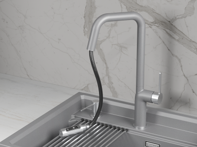 Кухонный смеситель GRANULA с выдвижным изливом с переключением на душ и подключением к фильтру GR-9011, АЛЮМИНИУМ