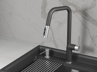 Кухонный смеситель GRANULA с выдвижным изливом с переключением на душ и подключением к  фильтру GR-9011, ЧЕРНЫЙ