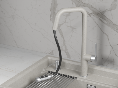 Кухонный смеситель GRANULA с выдвижным изливом с переключением на душ и подключением к  фильтру GR-9011, БАЗАЛЬТ