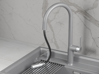 Кухонный смеситель GRANULA с выдвижным изливом и переключением на душ GR-9010, АЛЮМИНИУМ