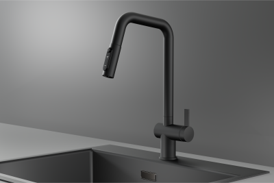 Кухонный смеситель GRANULA с выдвижным изливом с переключением на душ и подключением к фильтру KS-7273, ЧЕРНЫЙ МАТОВЫЙ