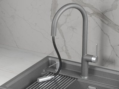 Кухонный смеситель GRANULA с выдвижным изливом и переключением на душ GR-9010, ГРАФИТ (ЧЁРНО-СЕРЫЙ)