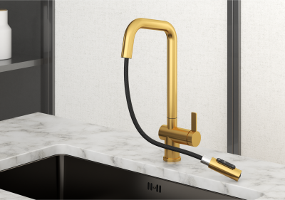 Кухонный смеситель GRANULA с выдвижным изливом с переключением на душ и подключением к фильтру KS-7273, ЗОЛОТО САТИН