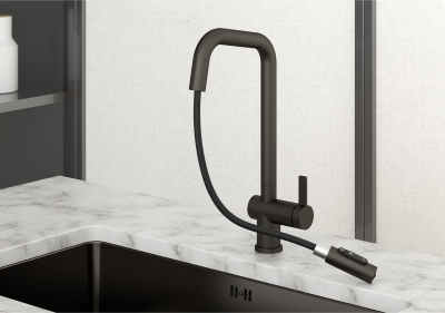 Кухонный смеситель GRANULA с выдвижным изливом с переключением на душ и подключением к фильтру KS-7273, ГРАФИТ МАТОВЫЙ
