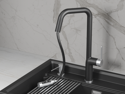 Кухонный смеситель GRANULA с выдвижным изливом с переключением на душ и подключением к  фильтру GR-9011, ШВАРЦ