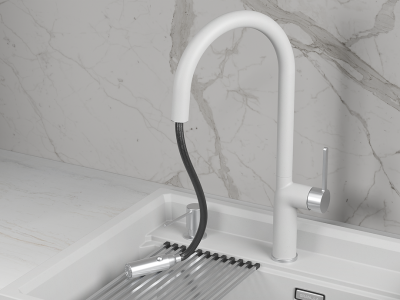 Кухонный смеситель GRANULA с выдвижным изливом и переключением на душ GR-9010, АРКТИК (БЕЛЫЙ)