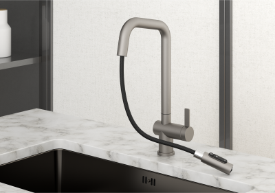 Кухонный смеситель GRANULA с выдвижным изливом с переключением на душ и подключением к фильтру KS-7273, СТАЛЬ МАТОВАЯ